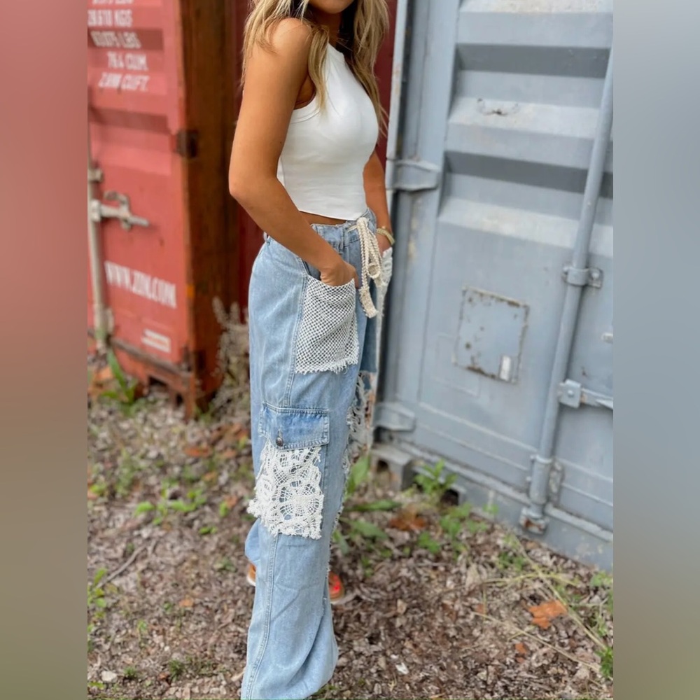 POL Light Blue Lace Patchwork Boyfriend Jeans - Picture 10 of 10